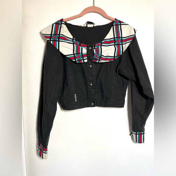 Vintage Banjo Dallas Black Plaid Cropped Western Shirt Size Medium Made in USA - Picture 2 of 7